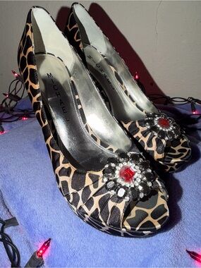 Michael Leopard Print Peep-Toe Heels with Crystal Brooch